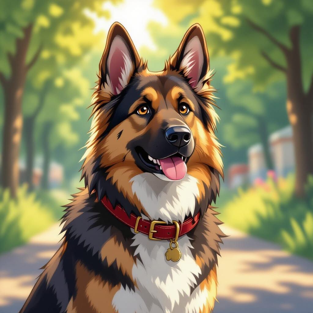 Anime German Shepherd in Golden Hour Light