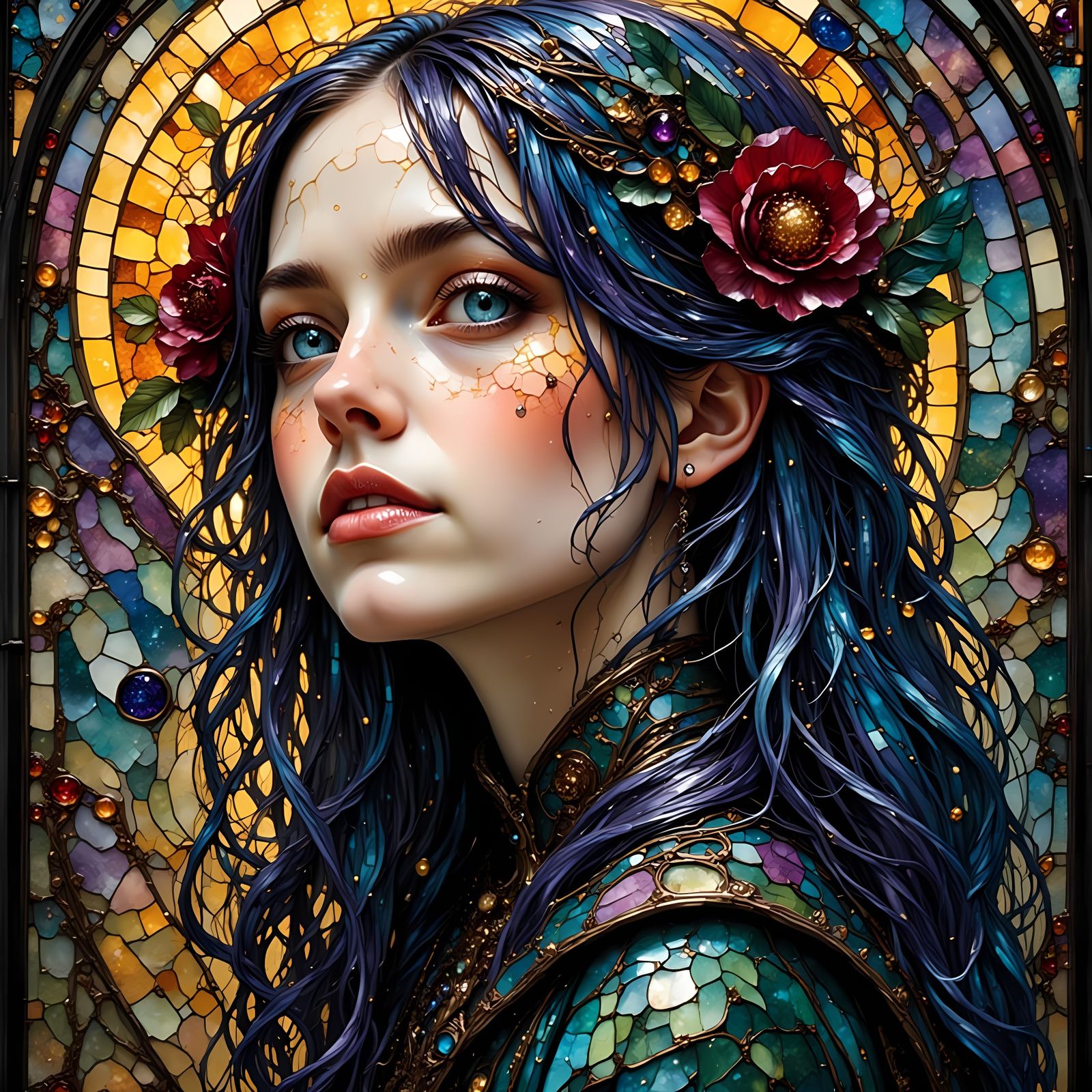 Gothic Portrait with Stained Glass Galaxy Background