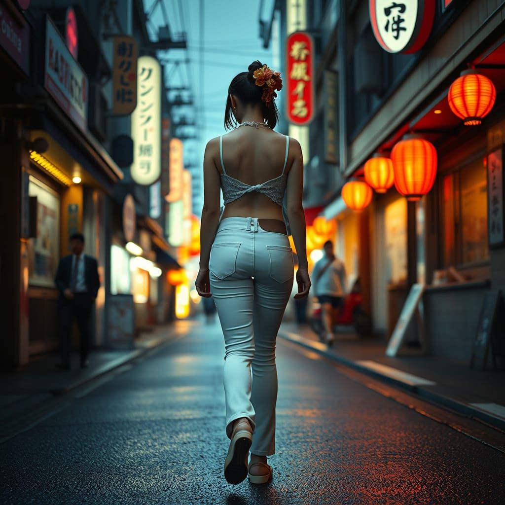 Geisha in Neon Tokyo Street, Photorealistic Style