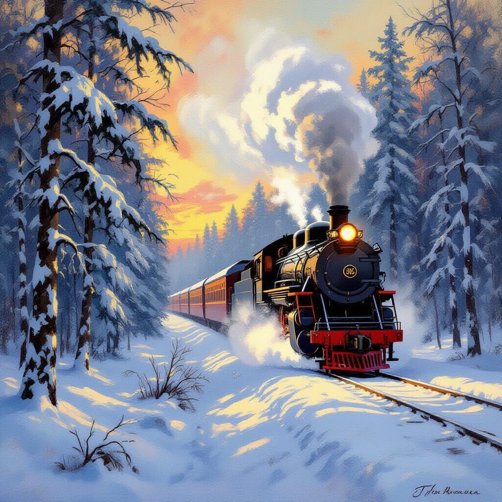 Majestic Steam Train Through Snowy Forest at Golden Hour