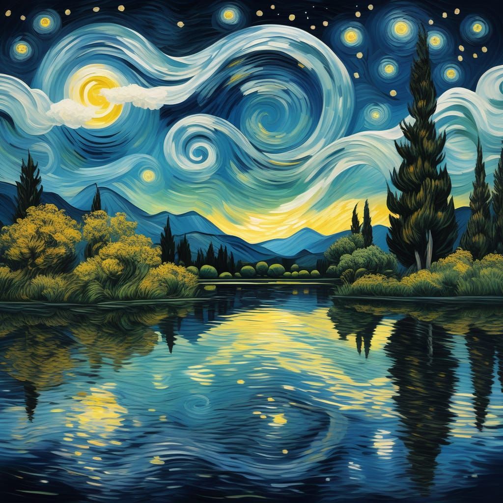 Starry Night Landscape with Cypress Trees and Lake in Van Go...