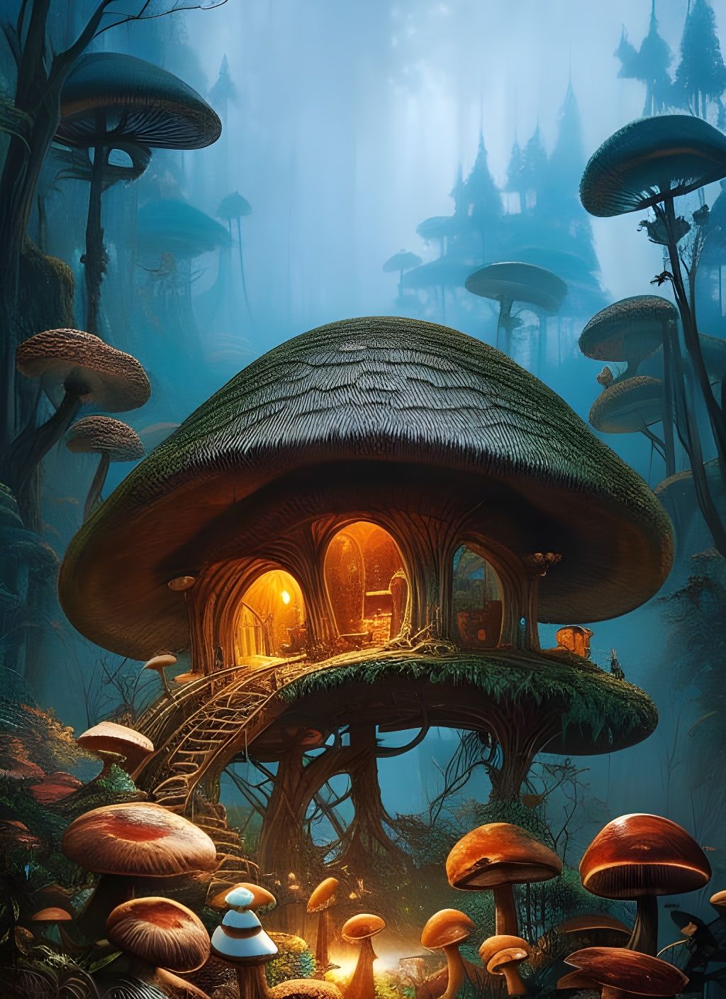 Mushroom Hut Overgrown in Dark Forest, Watercolor Art