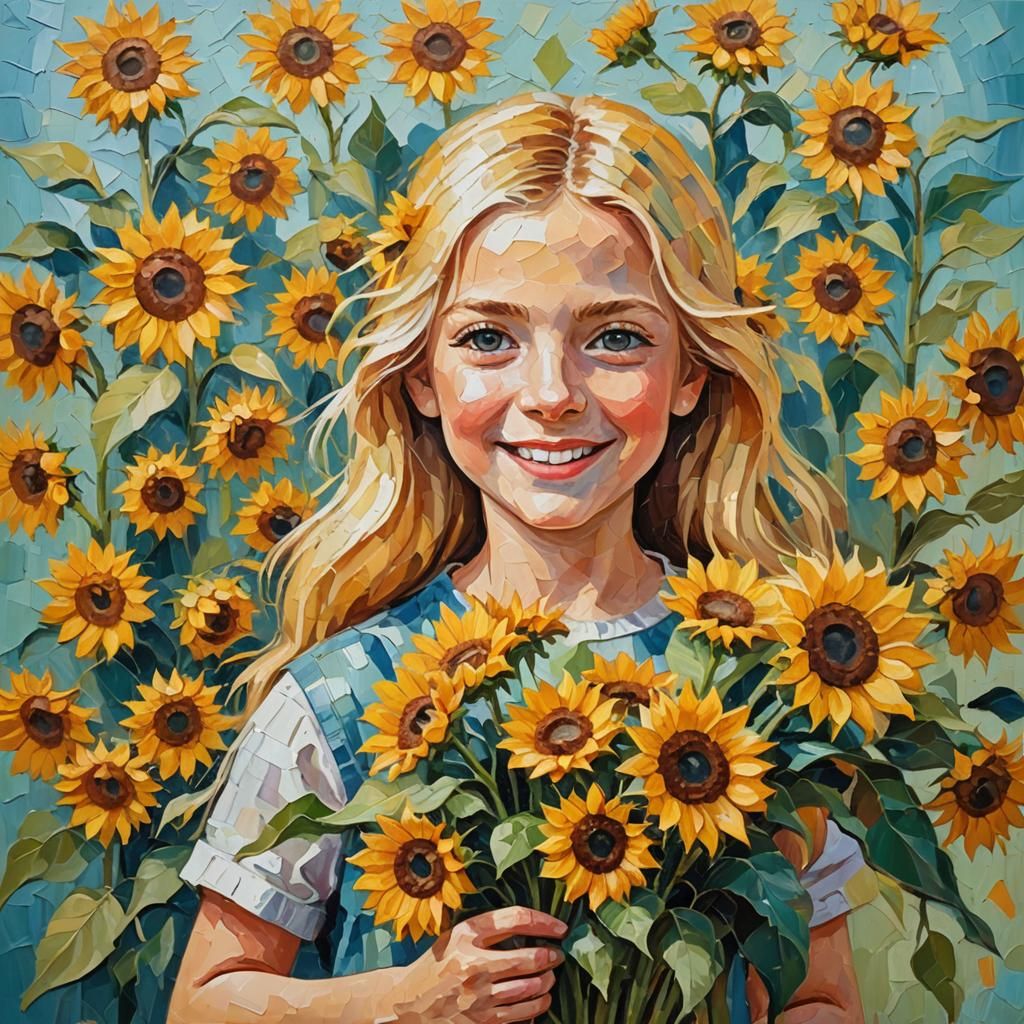 Girl with Sunflowers: Expressionist Oil Painting