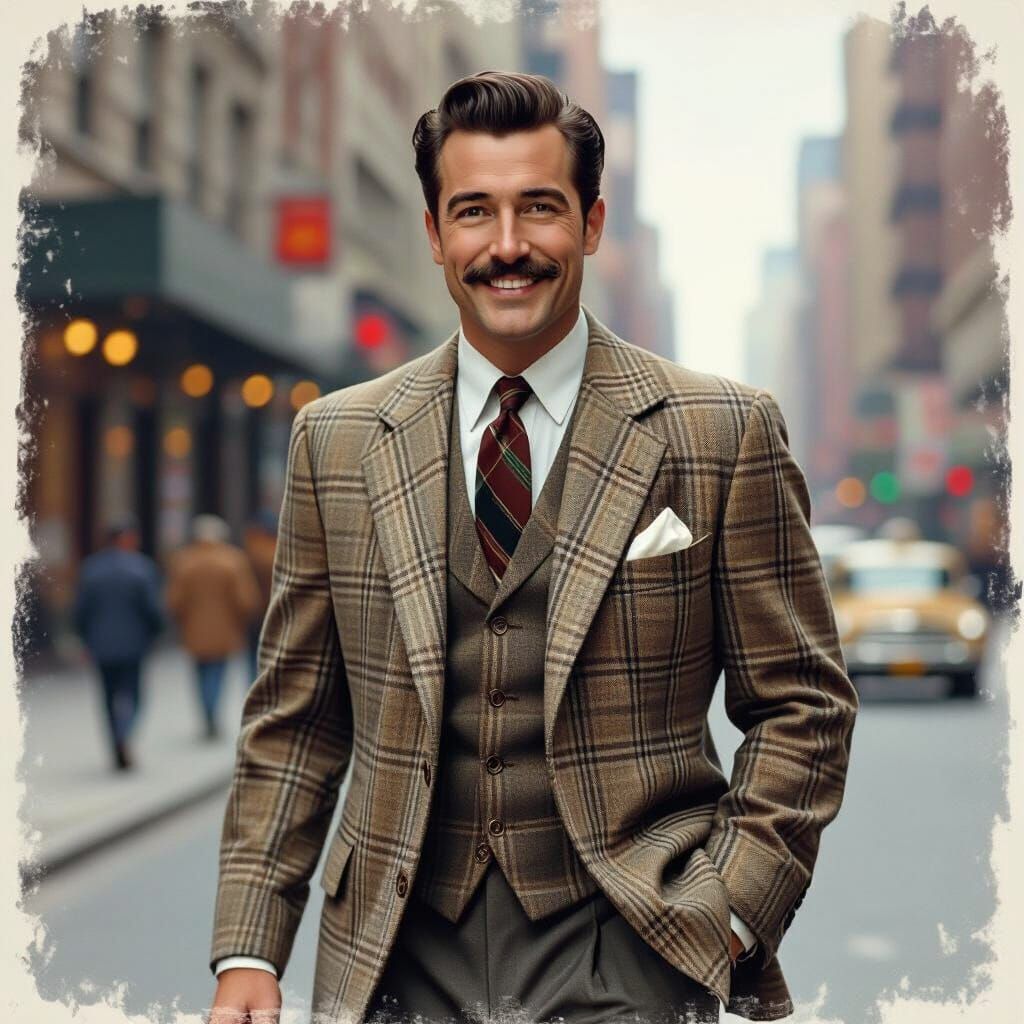 Charming Man Striding Down City Street in 1950s Style