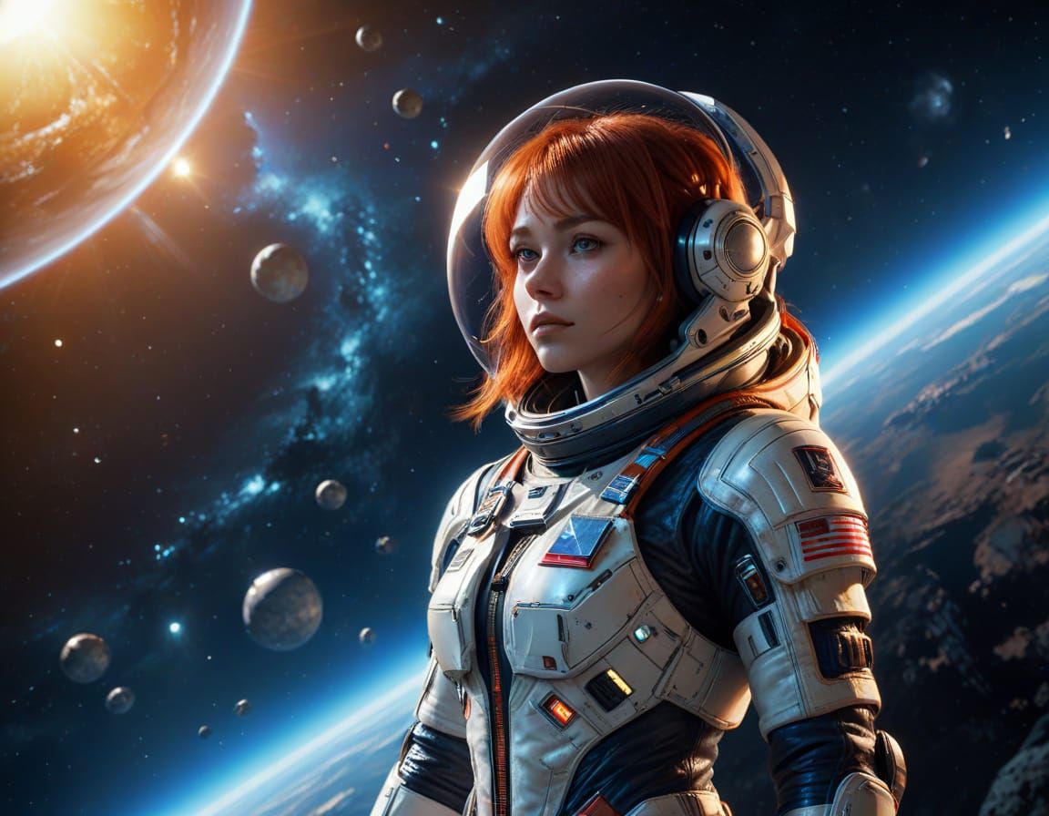 Young Russian Cosmonaut Waves Goodbye in Futuristic Space Sc...