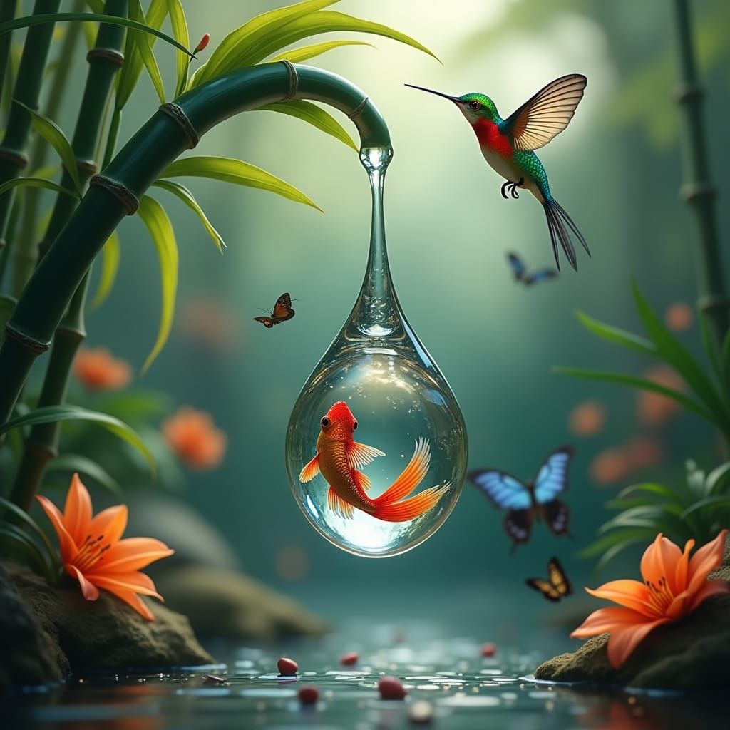 Iridescent Water Droplet Encloses Fighter Fish in Vibrant Ga...