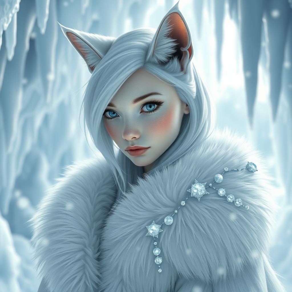 Arctic Cat-Woman Portrait in Hyperrealistic Style