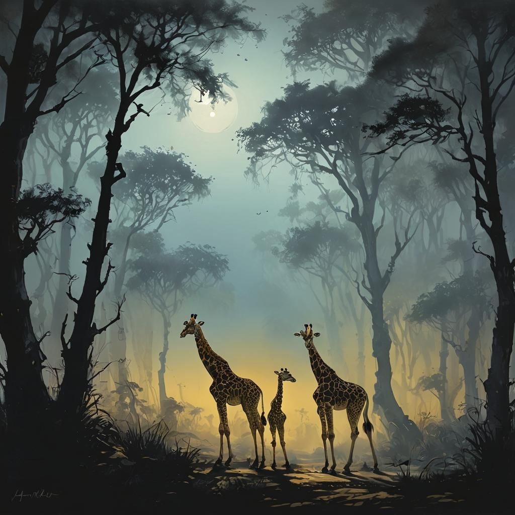 Whimsical Woodcut Style Giraffes Emerge from Misty Forest