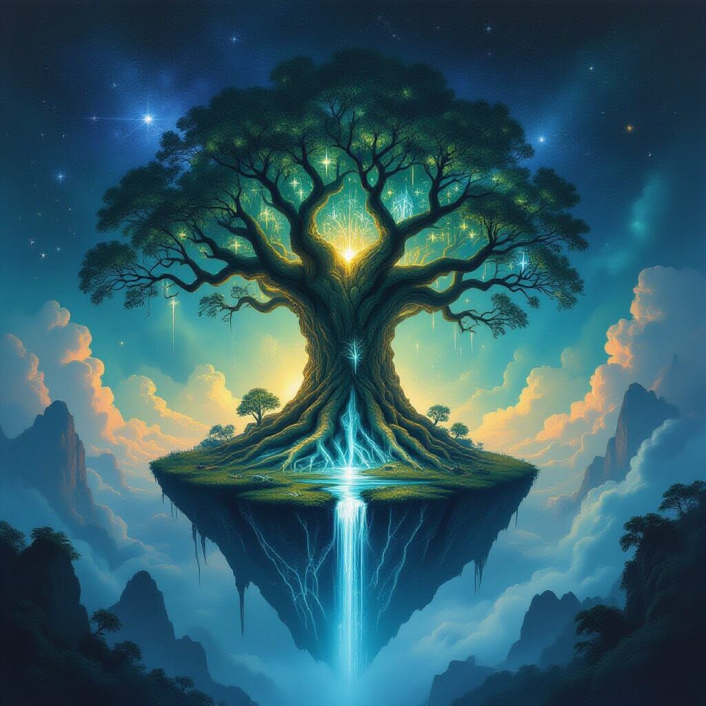 Ancient Tree Anchors Floating Island in Nebulae Sky