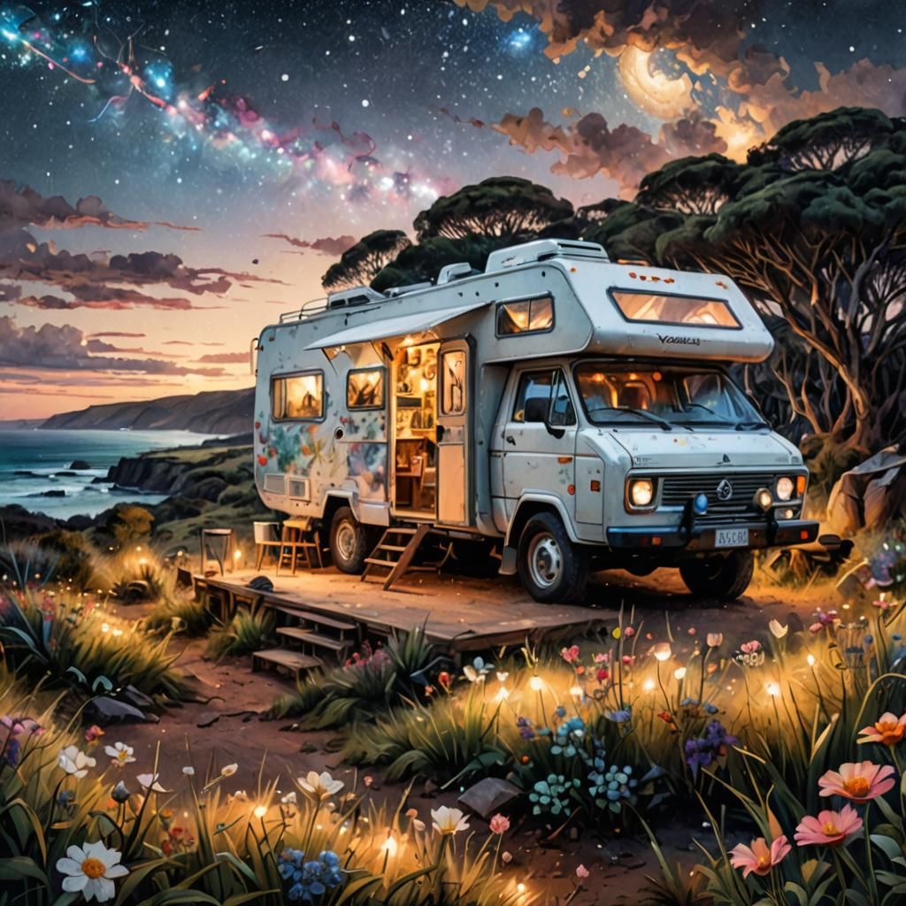Australian Camping Scene in Stylized Watercolor Art