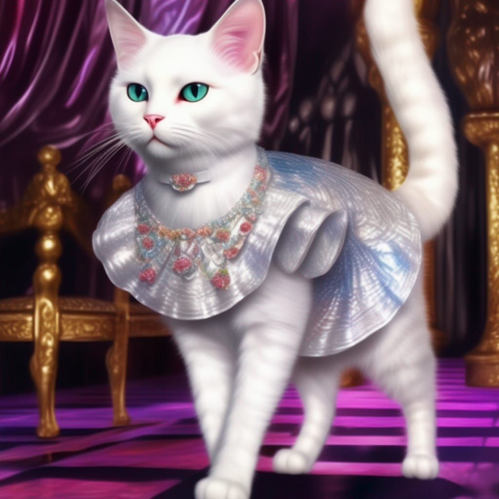 Cat Fashion Model in Shimmery Dress, Photorealistic