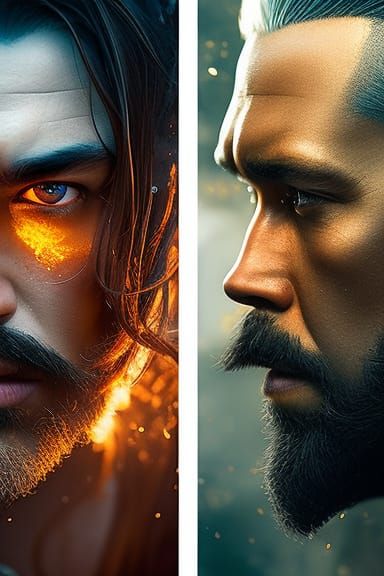 Fire spirit vs Water spirit
head and shoulders portrait, 8k ...