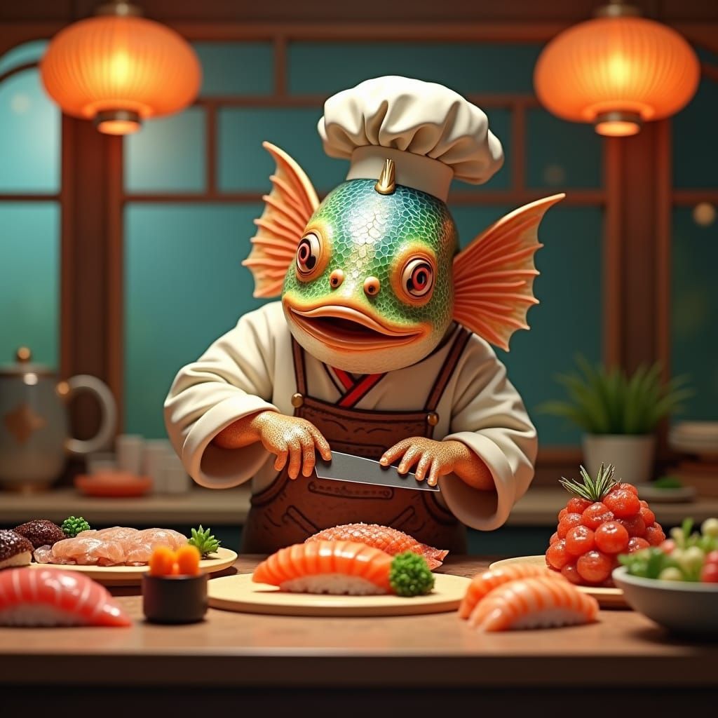 Fantastical Fish Chef Crafting Sushi, Hyperrealistic Art