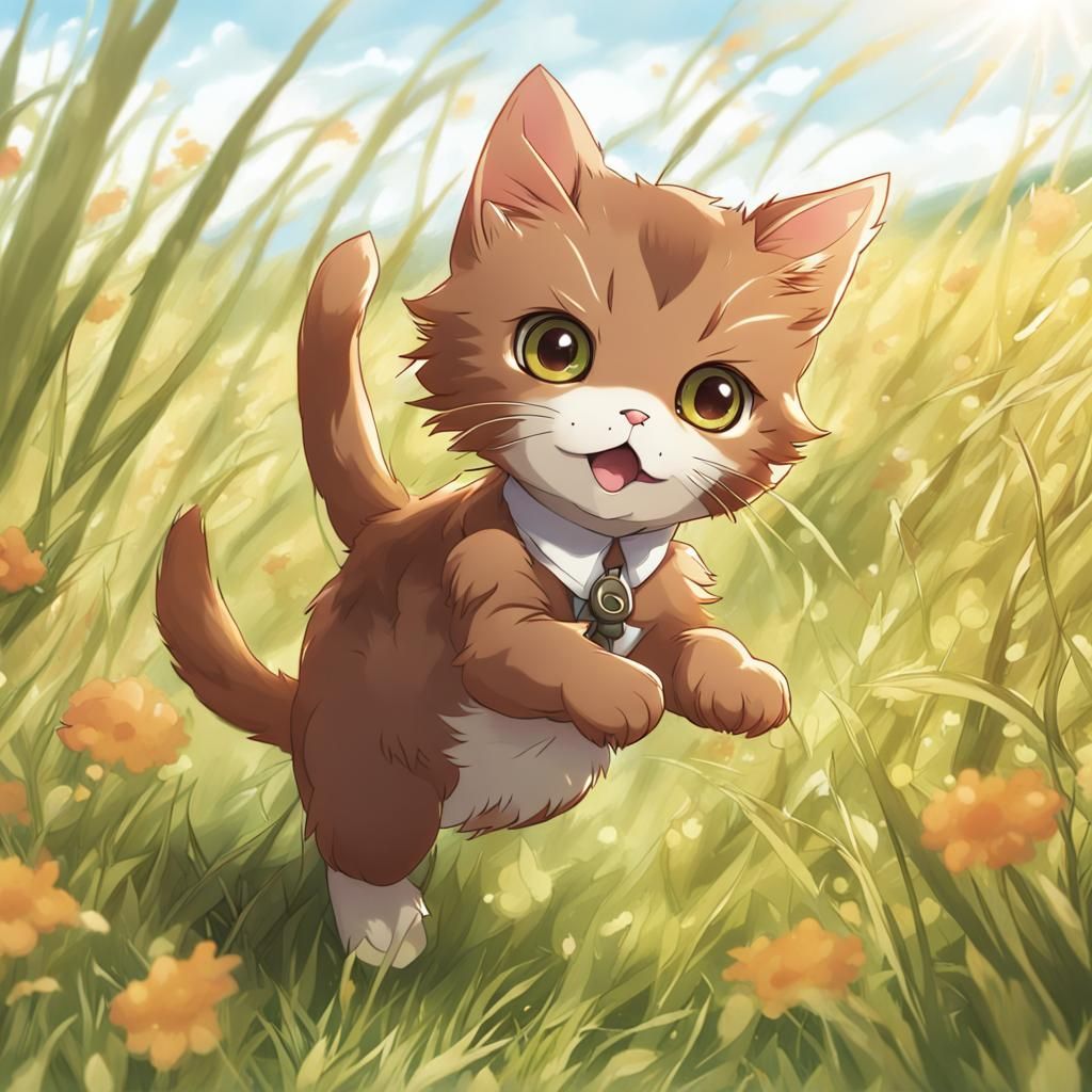 Brown Kitten Playing in Field: Anime Key Visual