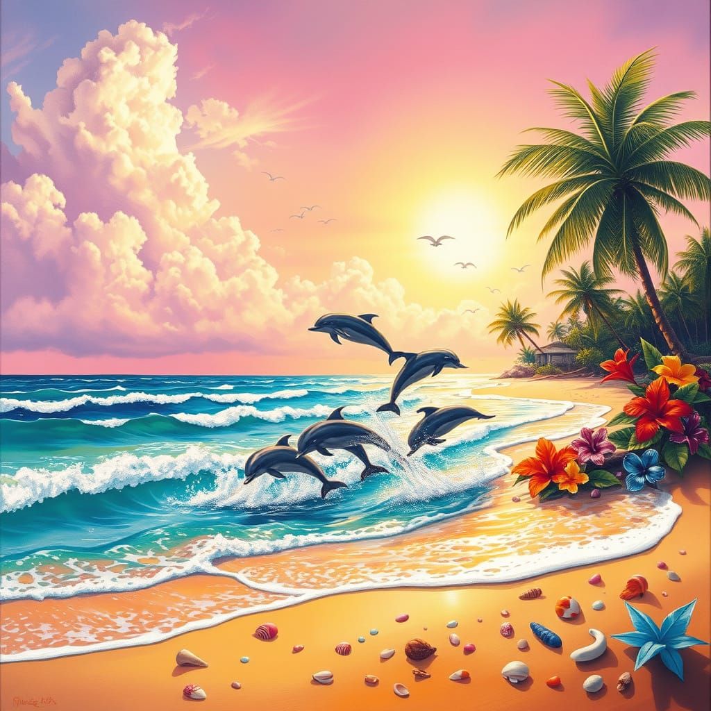 Serenely Captivating Tropical Paradise in Vibrant Oil Painti...