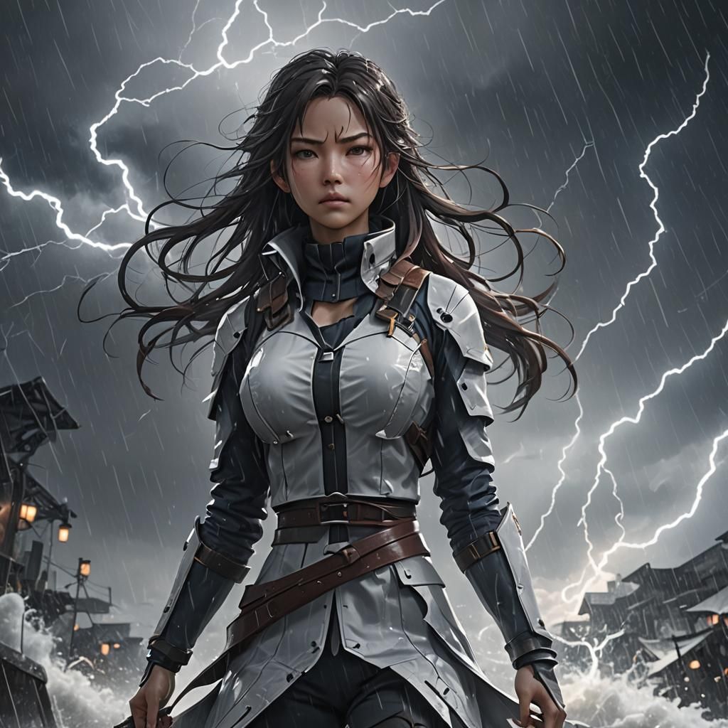 Anime Woman in Storm, 3D Render