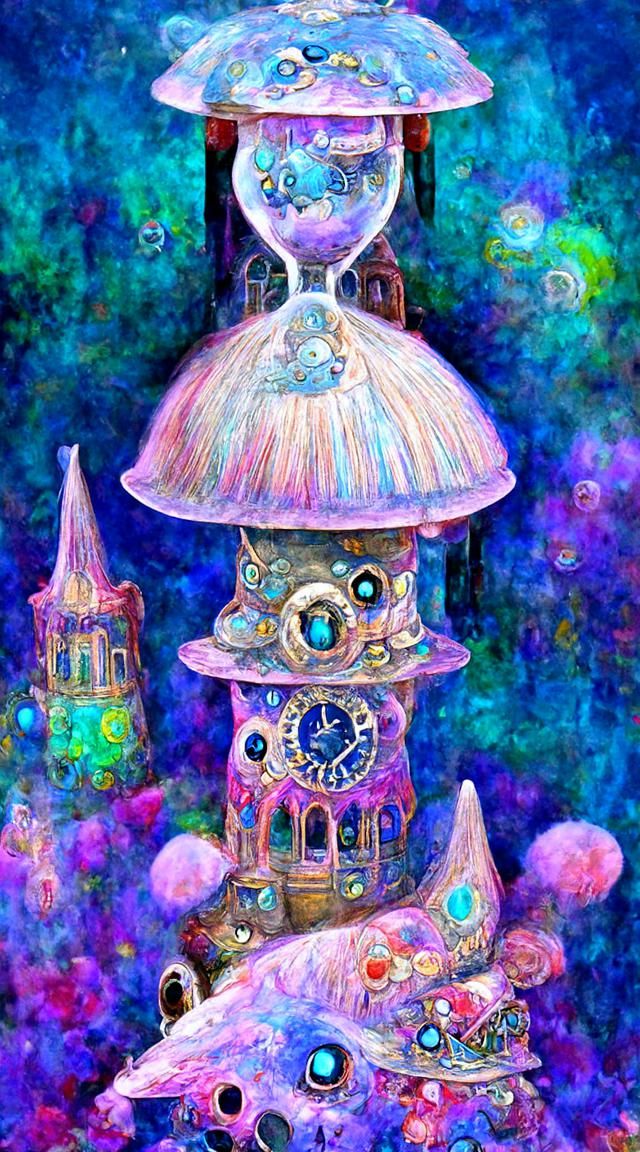 Clockwork Tower and Mushrooms in Iridescent Cel-Shaded Style