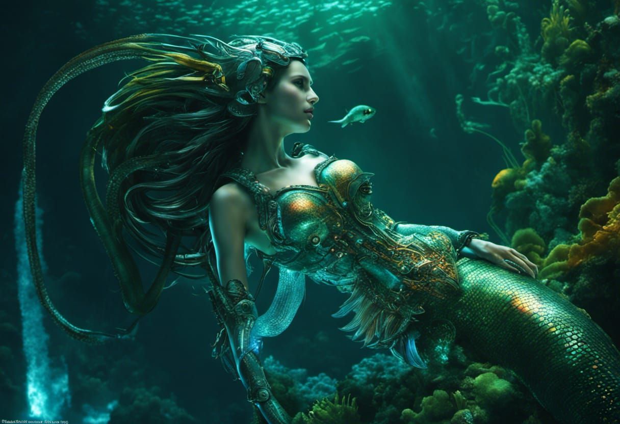Cyberpunk Robotic Mermaid Under Water: Detailed Artificial A...