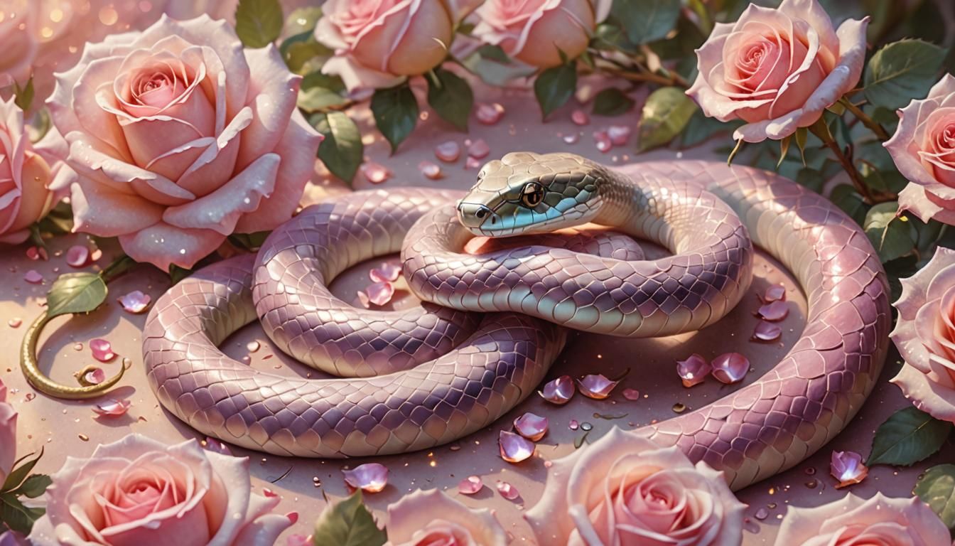 Ethereal Pink Snake Among Roses, Watercolor Painting