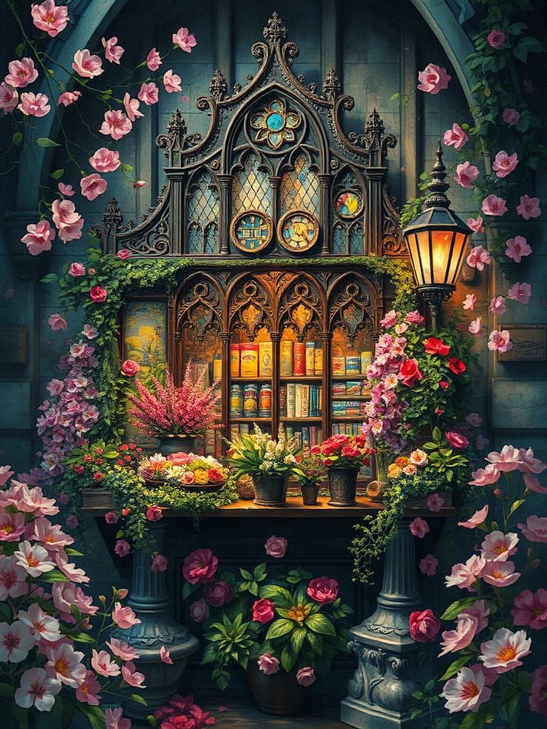 Gothic Bodega in Vibrant, Hyper-Realistic Acrylic Style