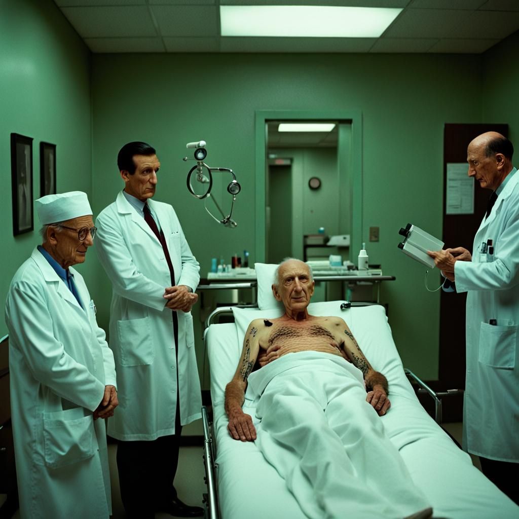 Eerie Hospital Scene in Hitchcock Style