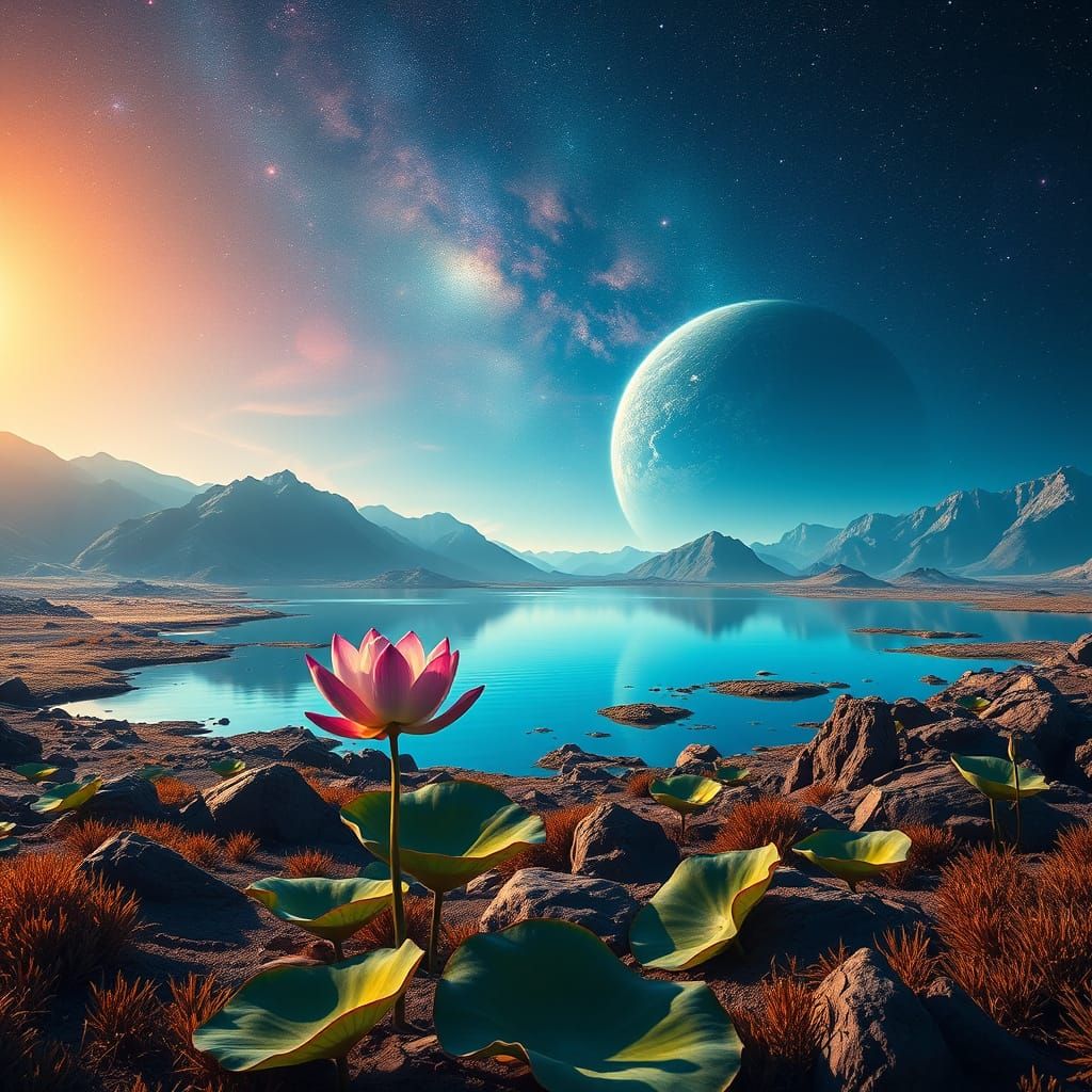 Surreal Exoplanet Landscape with Lotus Flower and Blue Lake
