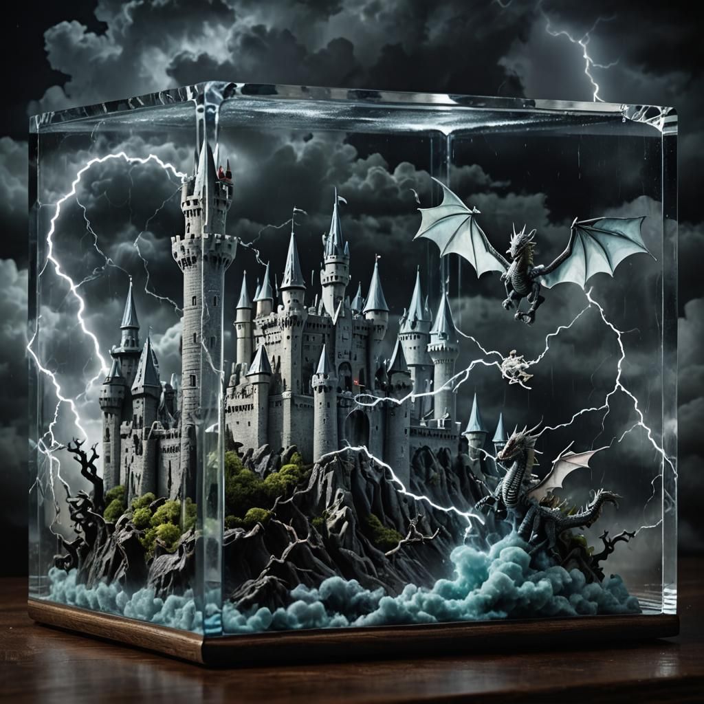 Dragon Attacks Castle in Glass Cube Diorama