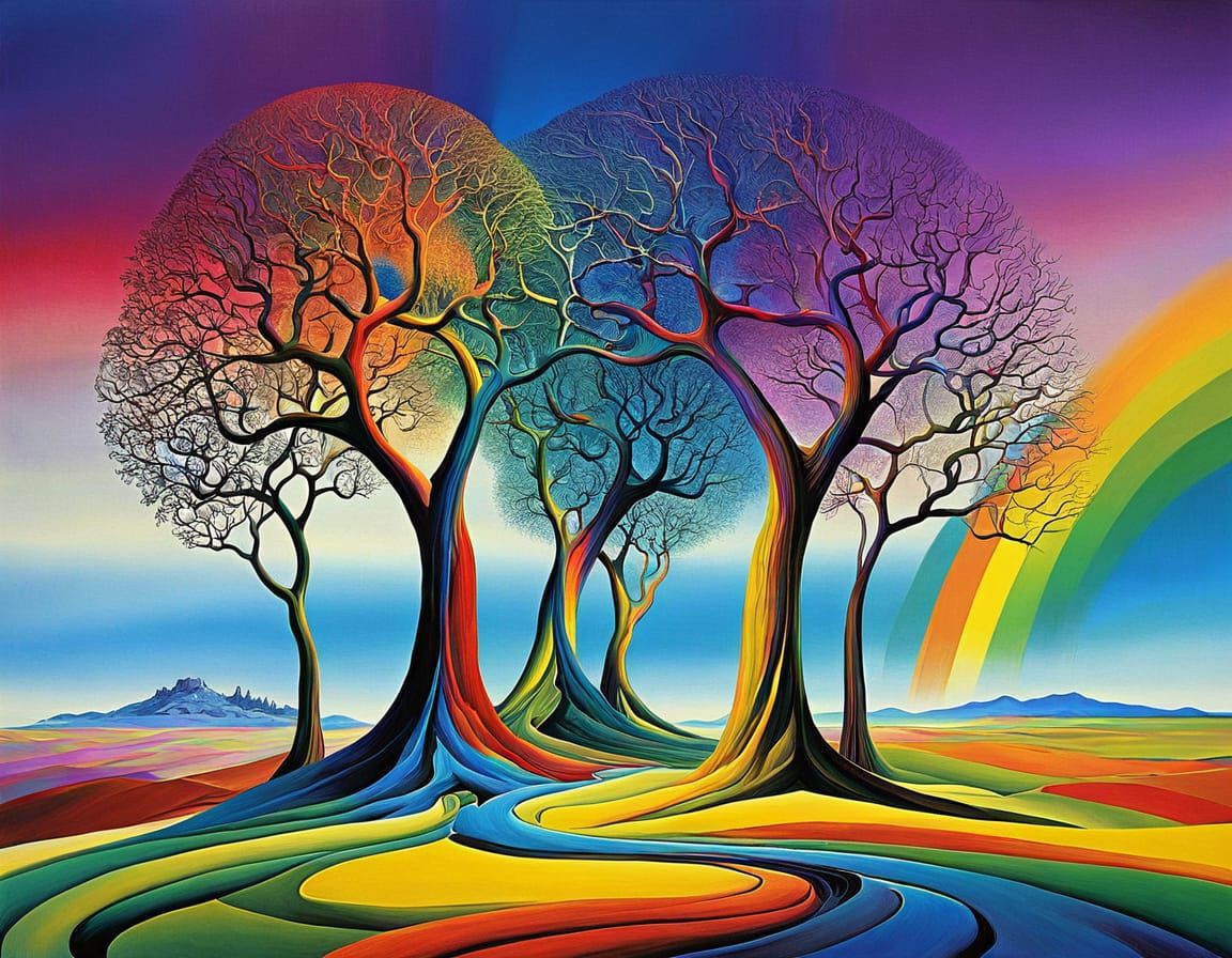 Surreal Rainbow Trees Landscape in Style of Dali and Ernst