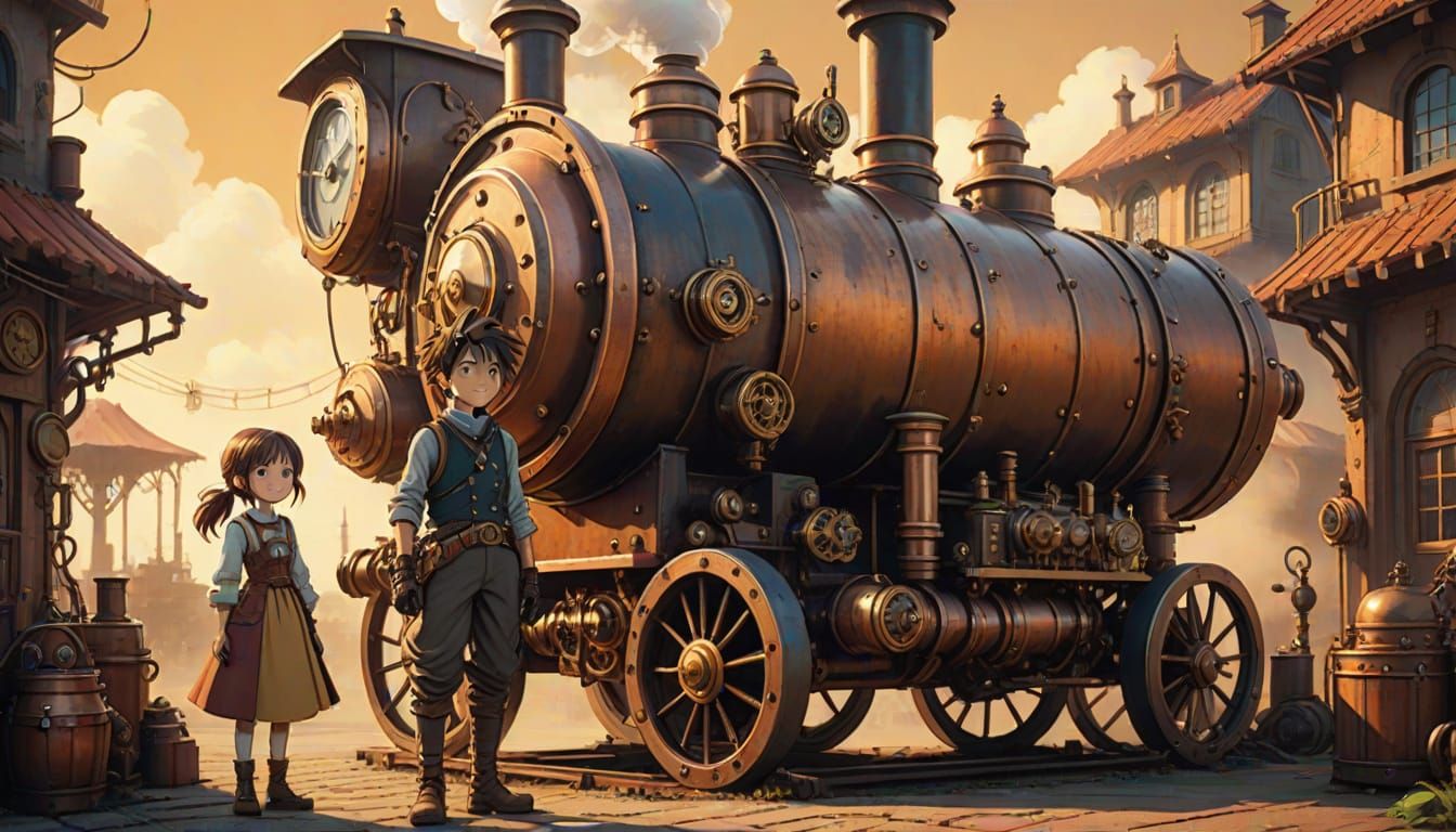 Steampunk Beggars in Whimsical Ghibli Style