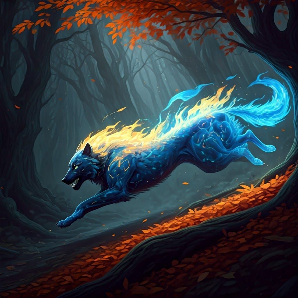 Fiery Wolf Chasing Panther in Autumn Forest