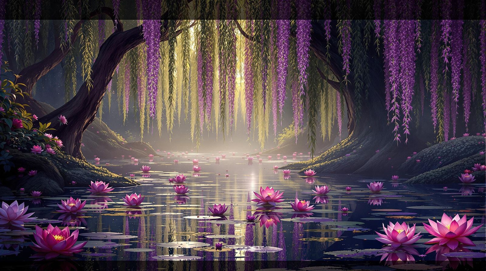 Dark Fantasy Lotus Pond Under Willow Tree