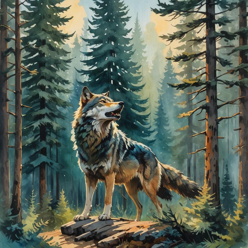 Wolf Howling in Forest: Gouache Watercolor Masterpiece