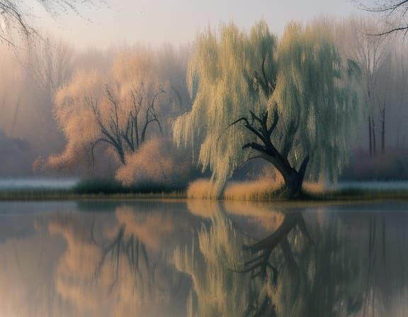 Tranquil Weeping Willow in a Soft Golden Hour