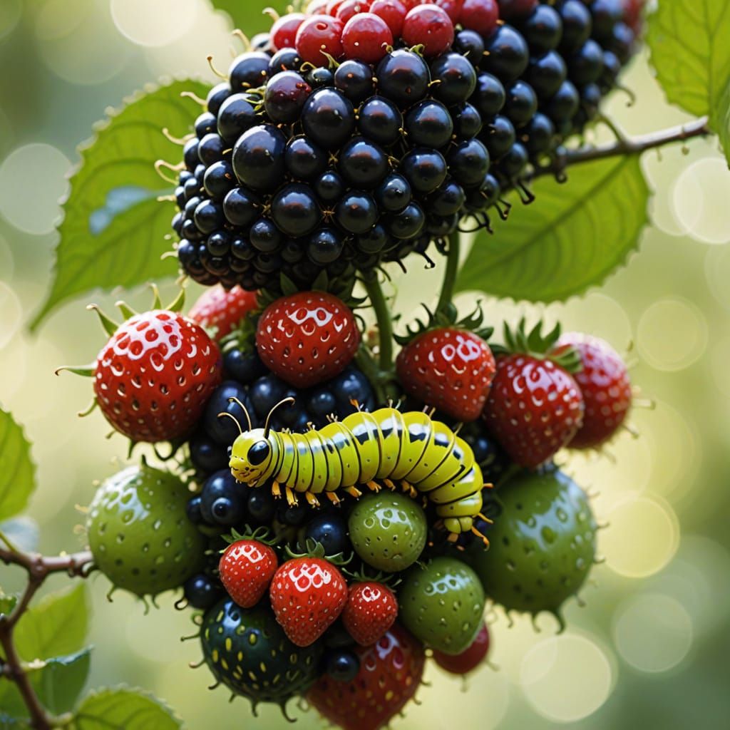 Chartreuse Caterpillar's Berry Adventure in Whimsical Style
