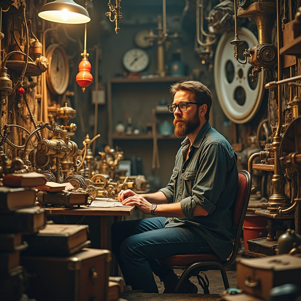 Steampunk Inventor in Chaotic Workshop, Jules Verne Style