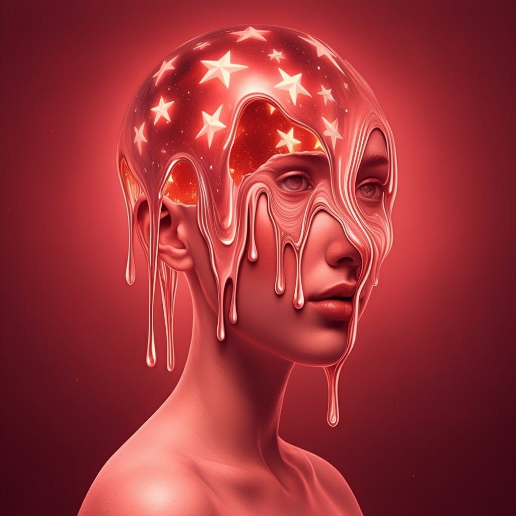 Ethereal Light Red Woman with Melting Stars Portrait