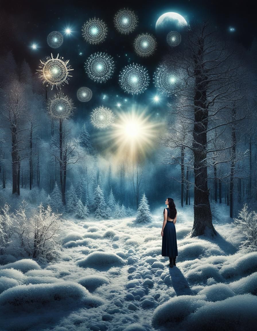 Surreal Dark Fantasy: Woman Between Sun and Moon