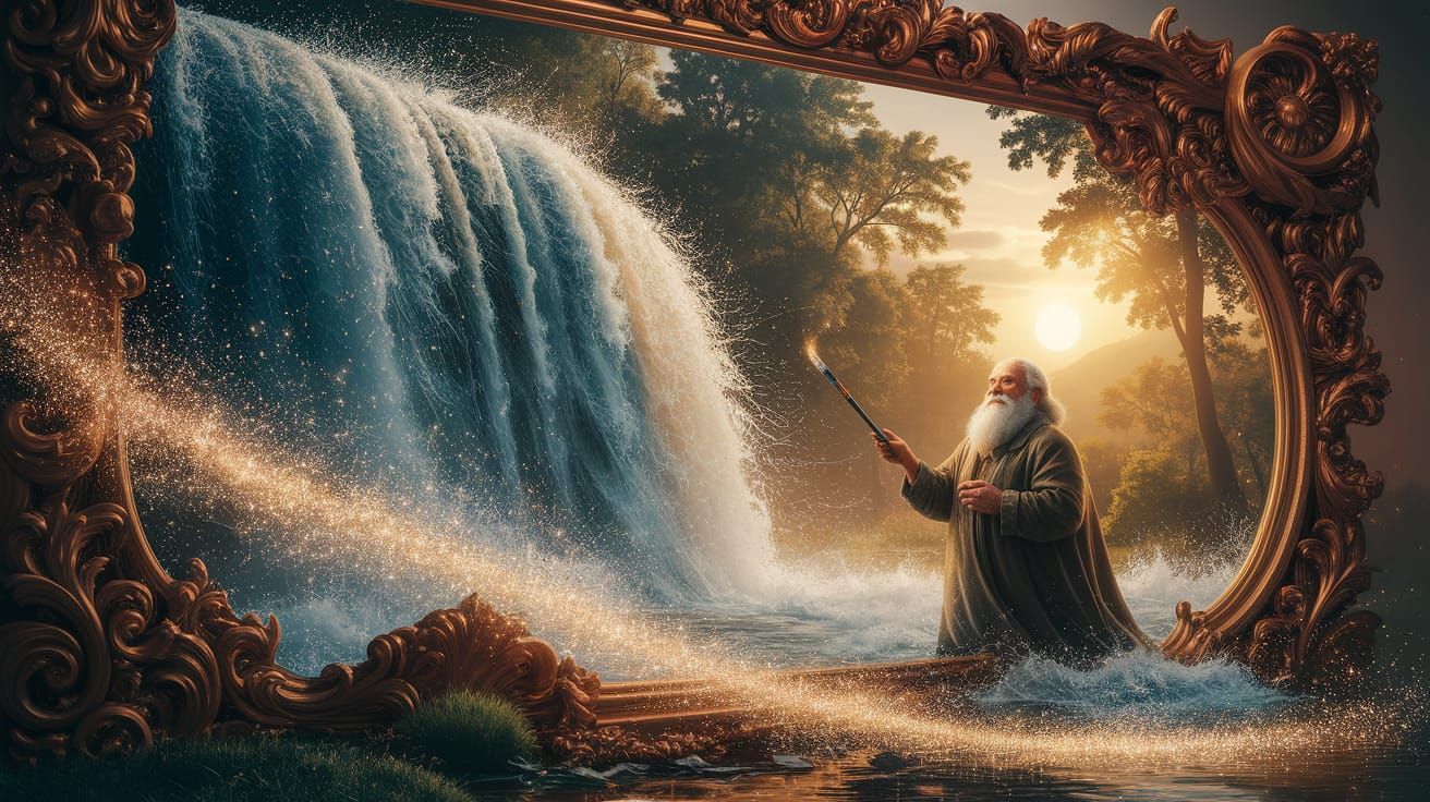 Animated Painting Frame with Glittering Waterfall