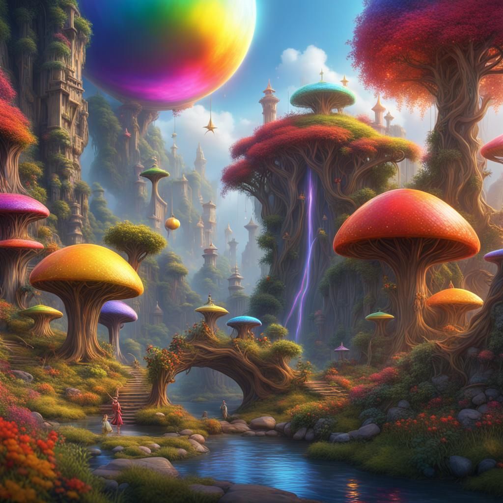 rainbow world, beautiful enchanting fairies, realistic figures style, saturated primary color scheme, high detail, high ...