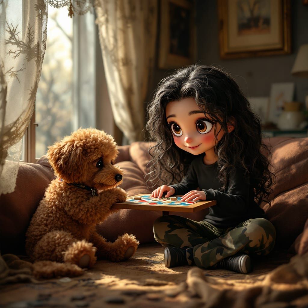 Chibi Woman Plays Scrabble With Poodle in Sunlit Room