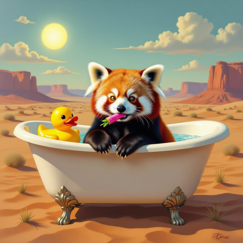 Red Panda Enjoys Bath with Rubber Duckie in Desert