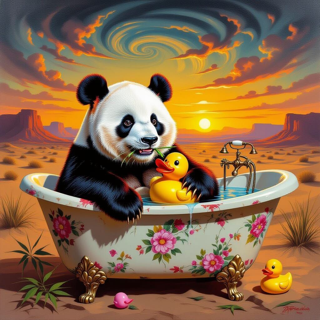 Red Panda Plays with Duck in Desert Bathtub Oil Painting