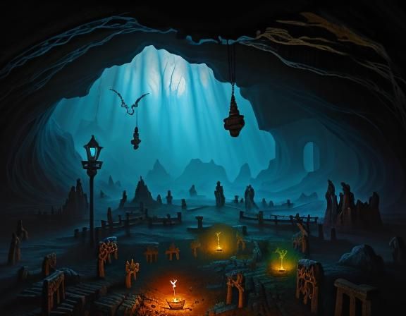 Mystical Ancient Cave with Carvings and Torch