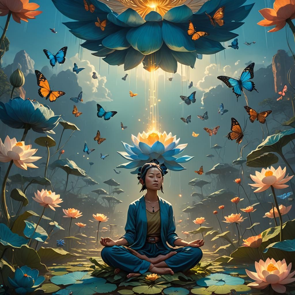 Woman Meditating Under Blue Lotus Flower