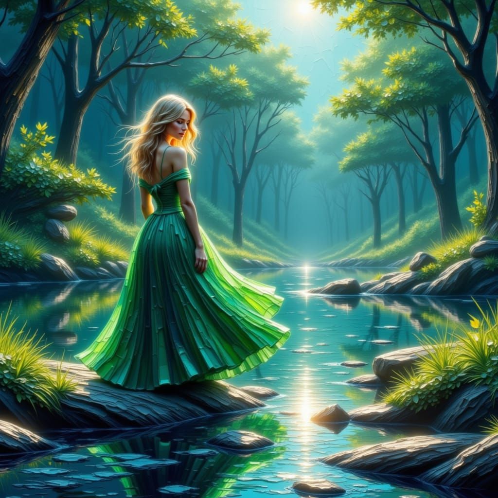 Blonde Princess in Green Gown by Shimmering Stream