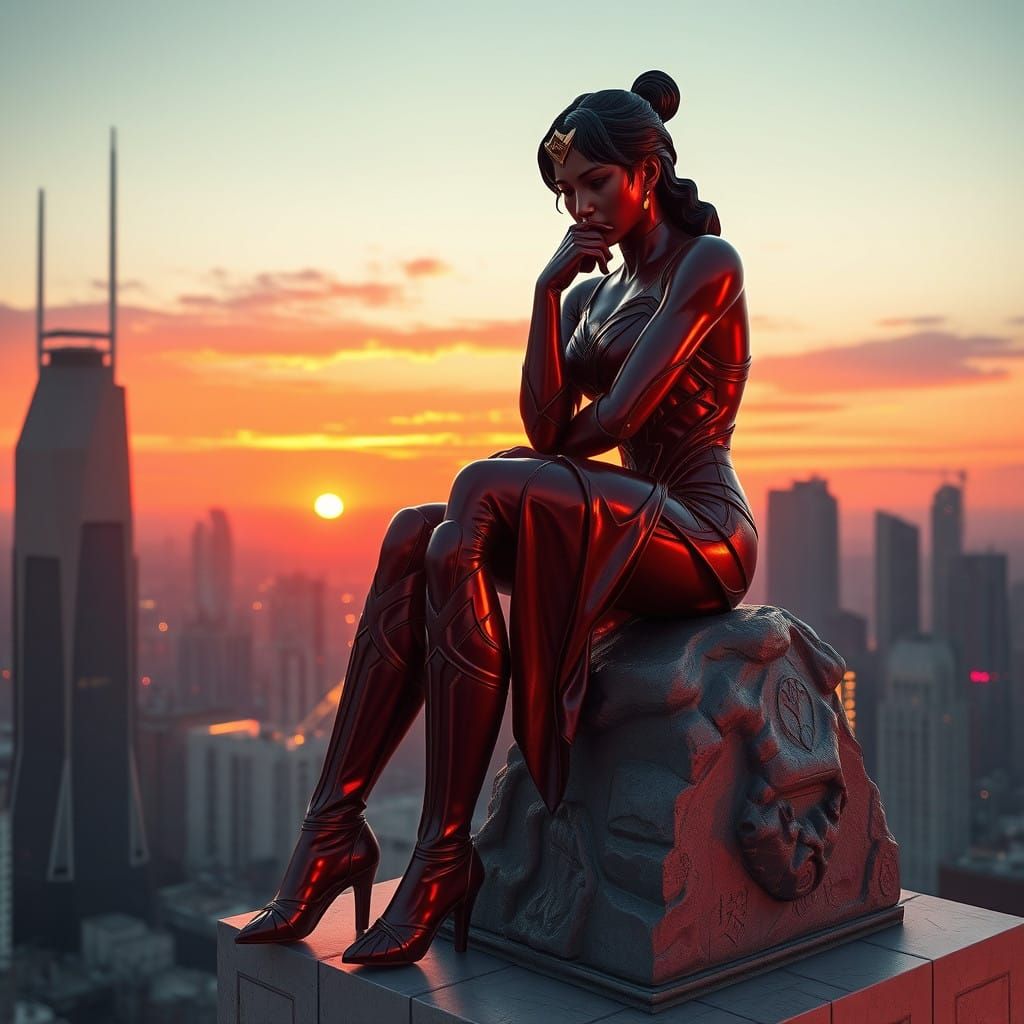 Japanese Woman as Wonder Woman on Futuristic Building in Sun...