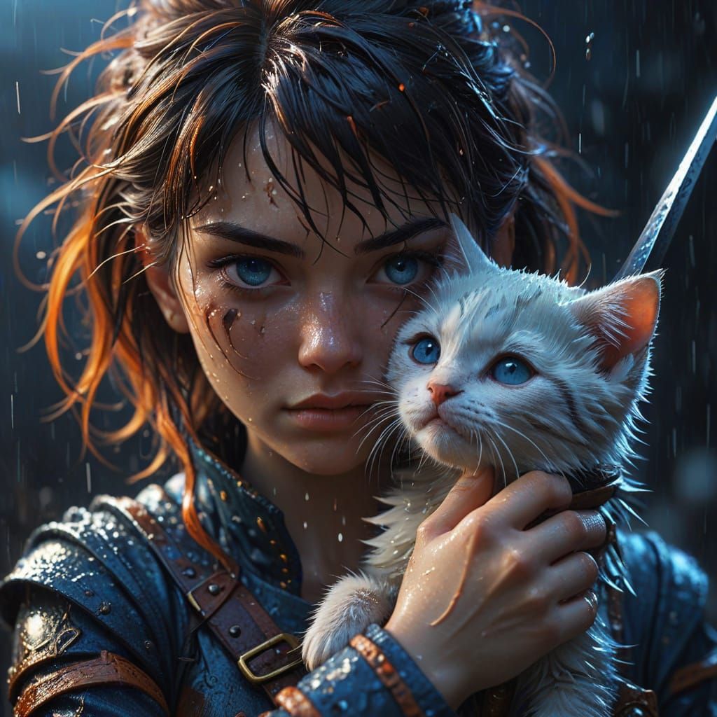 Defiant Anime Girl Protects Kitten in Rain