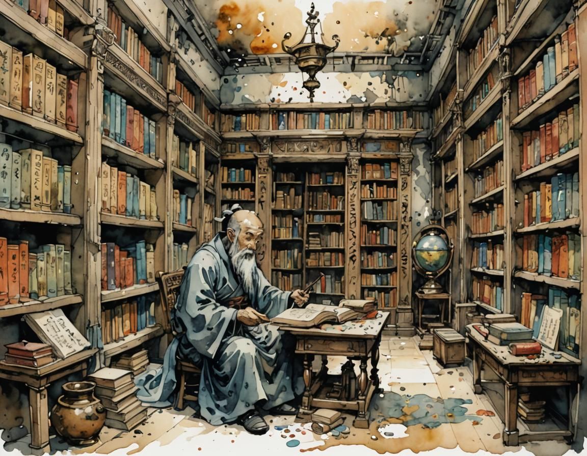 Oriental Library with Scrolls in Watercolor Style