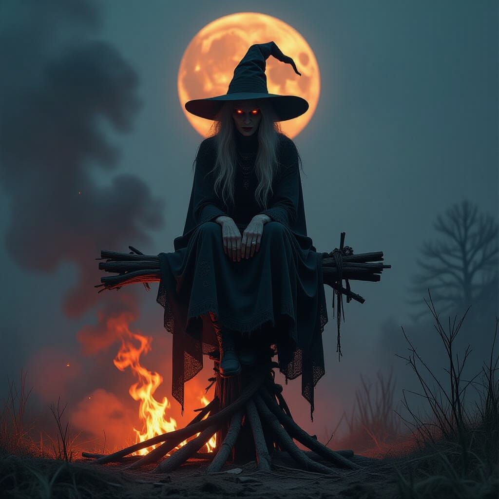 Ragged Witch on Burnt Pyre in Surreal Horrorcore Style