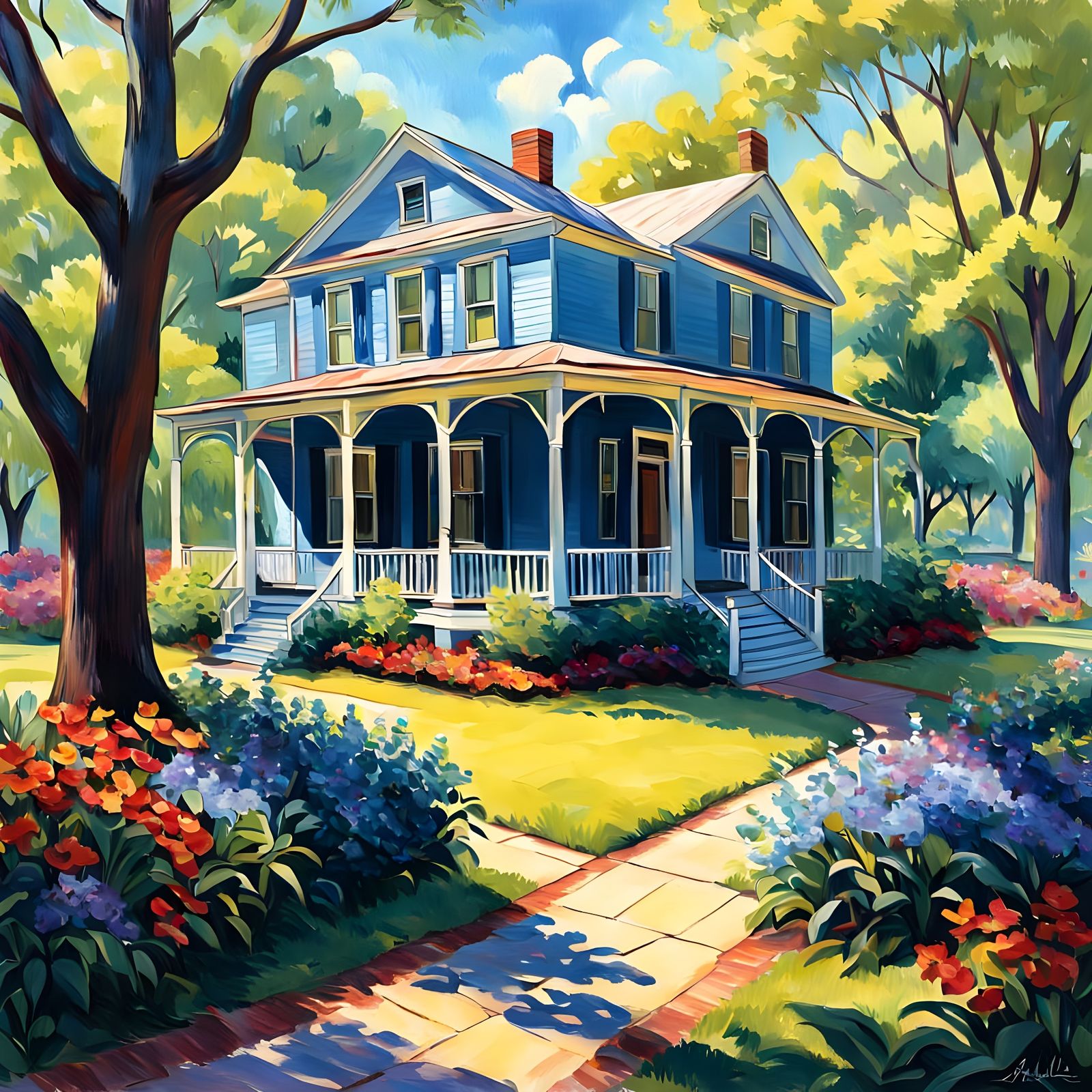 A charming southern home with a wide front porch and rocking...